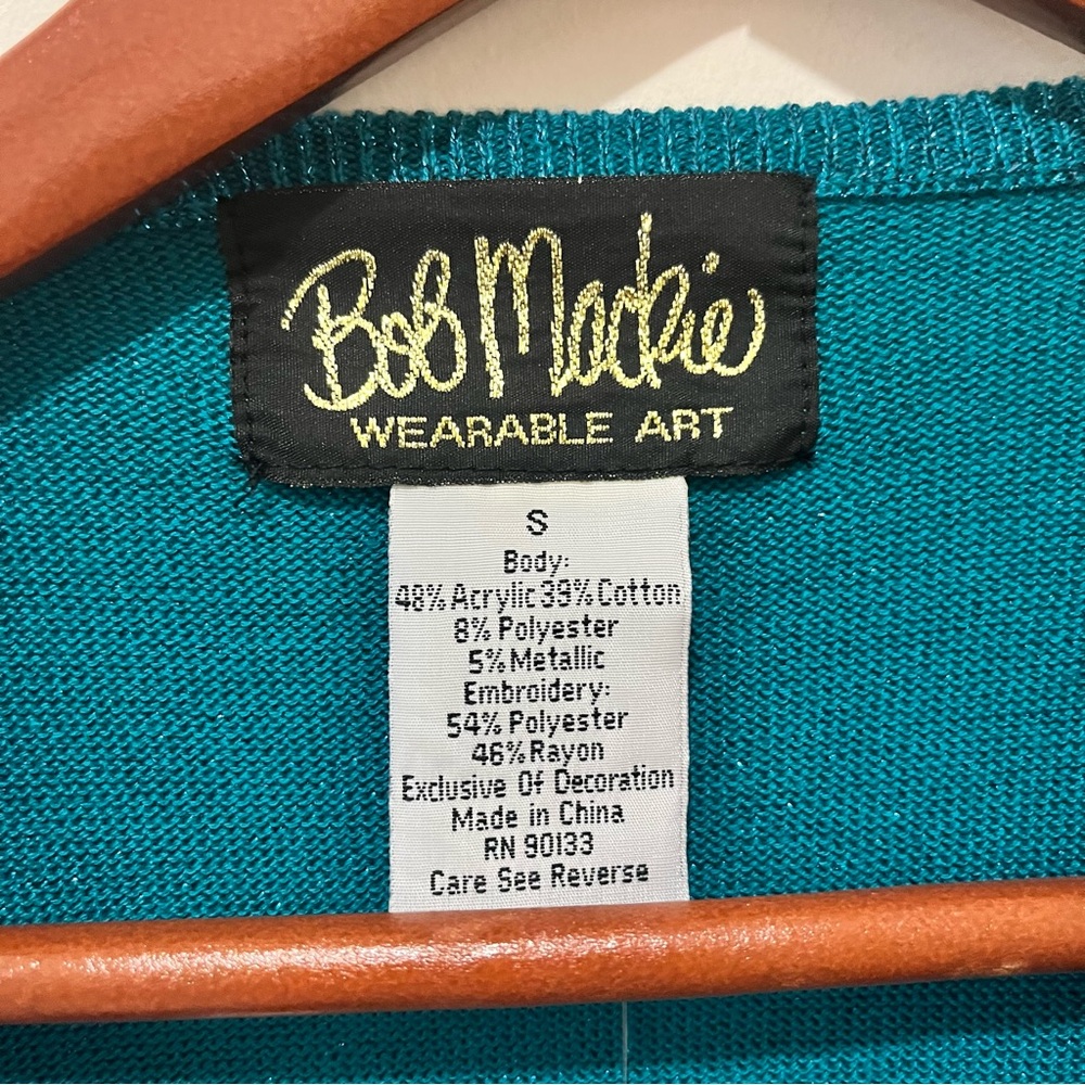 Bob Mackie Wearable Art Teal Metallic Shimmering Sweater Peacock Embroidered SM - Picture 6 of 8
